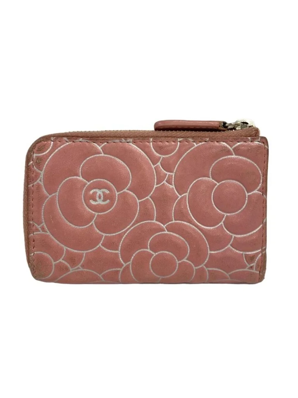 Chanel Coin Case Camellia Pink White Silver L-Shaped Zipper Lambskin With